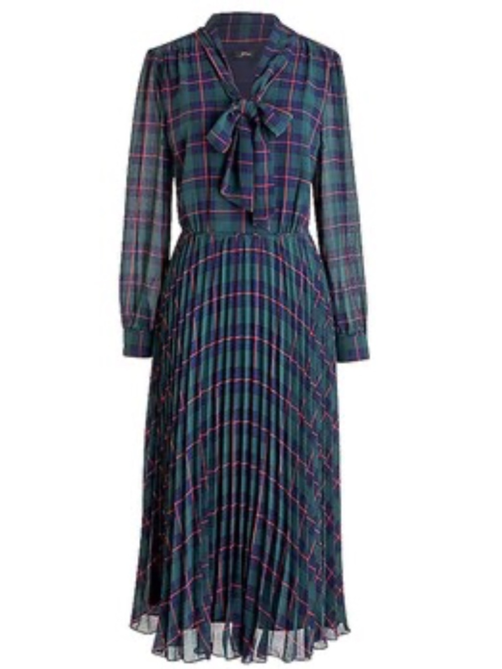 J.Crew Tie-neck pleated A-line dress in Black Watch tartan